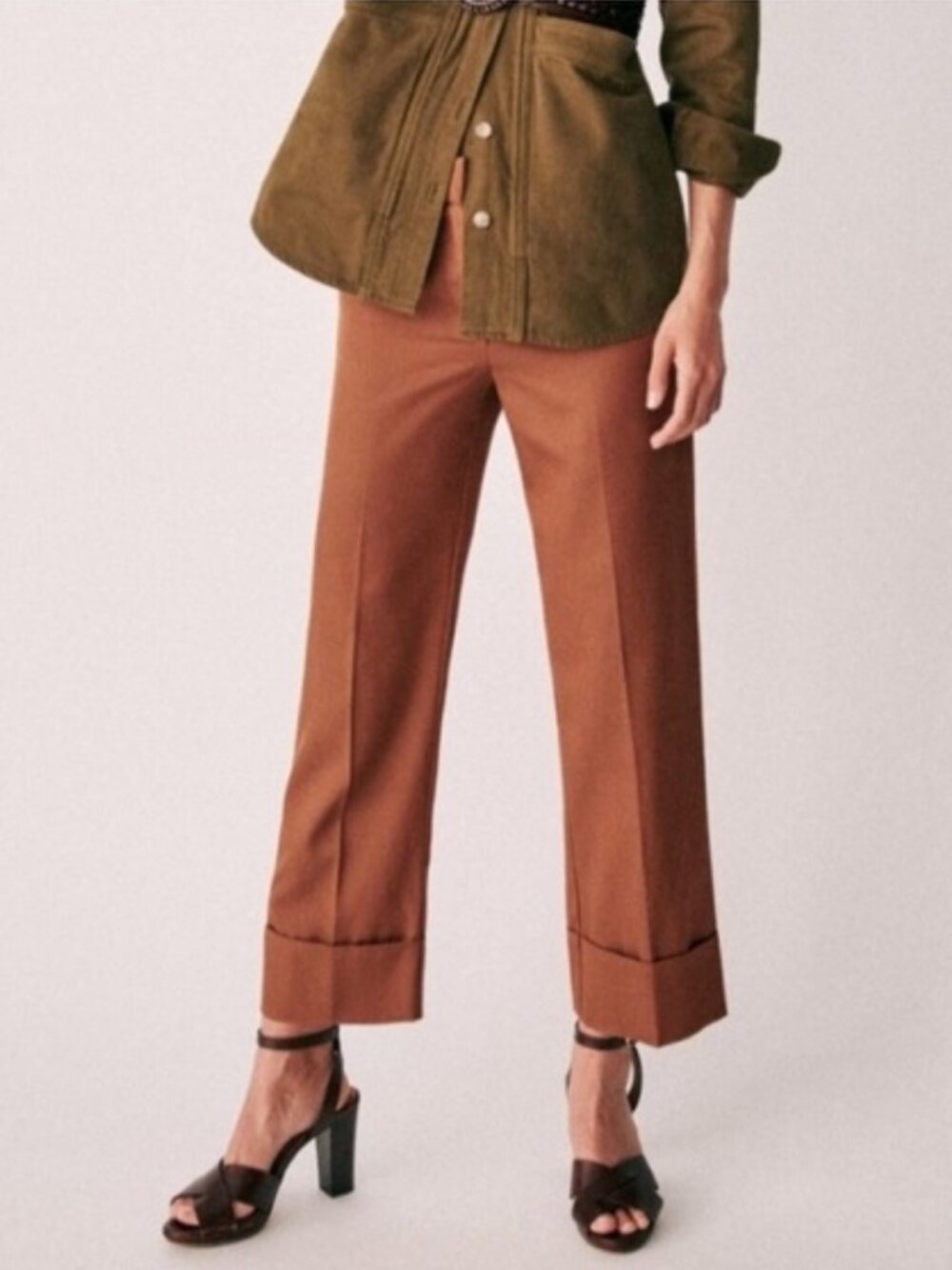 Sezane Chestnut Brown Jude Cropped Wide Leg Twill Pants, Sz FR 36 (US 4), GUC